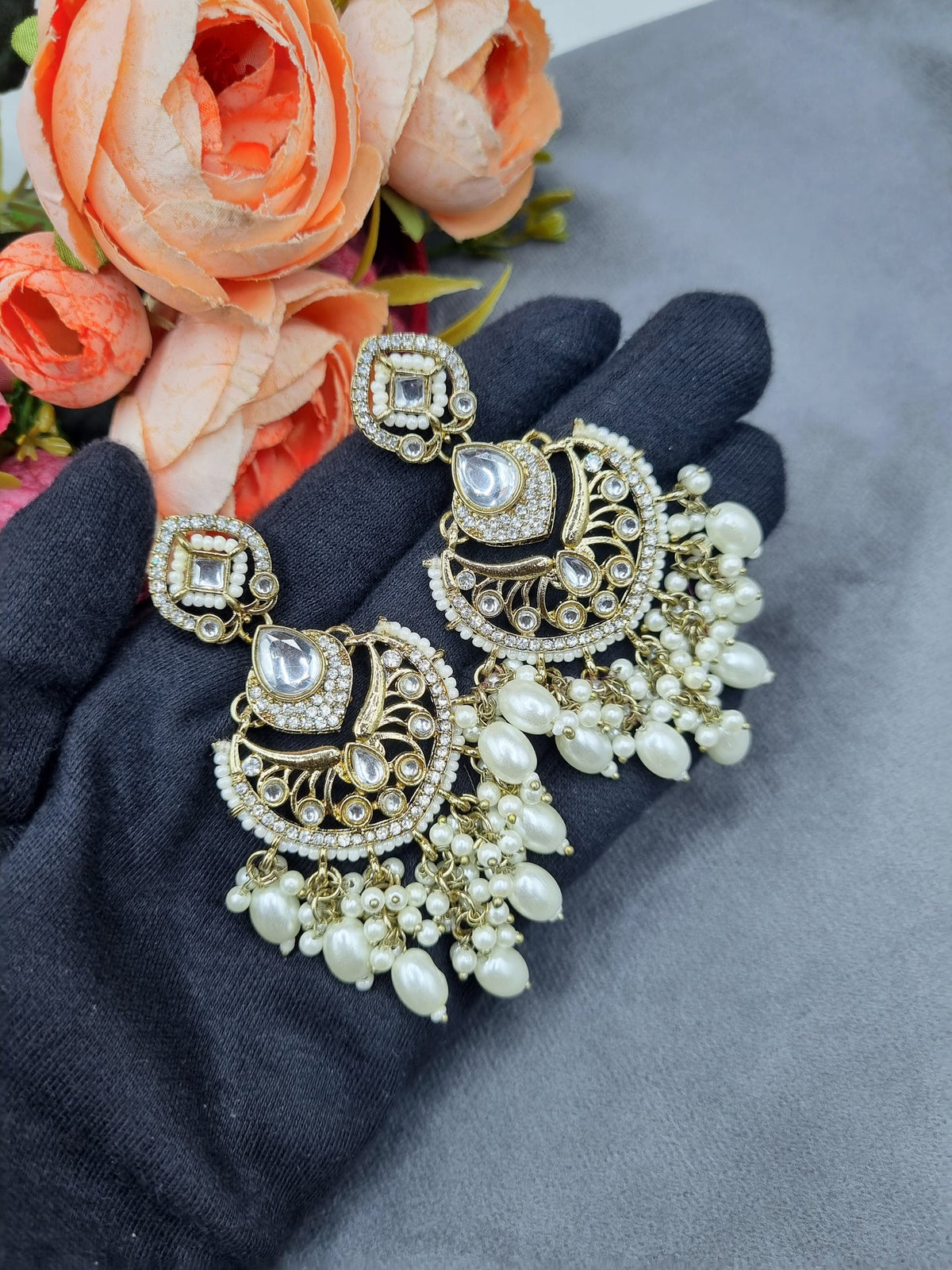 Statement Chandbali Earrings with Pearl & Bead Drops