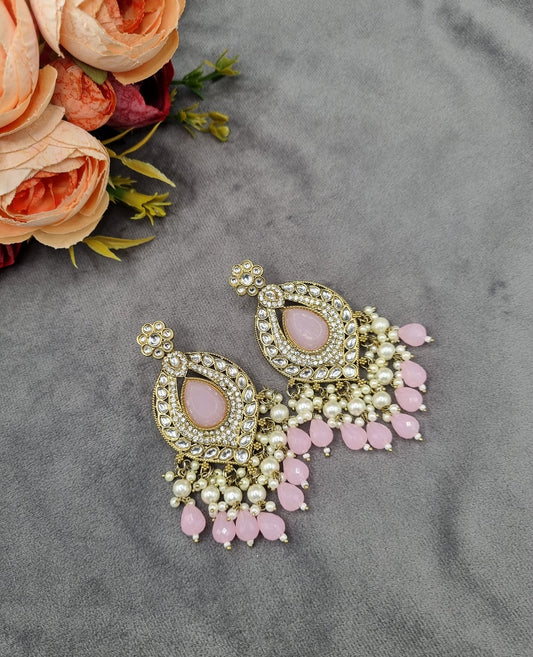 INTRICATE OVAL FRAME DROP EARRINGS WITH PEARL & BEAD CLUSTER