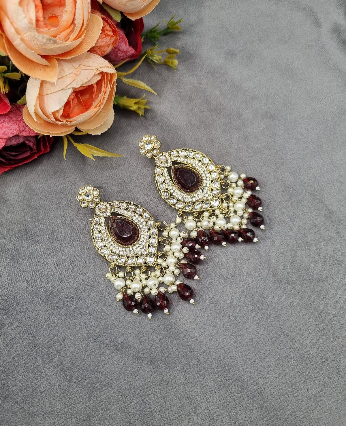INTRICATE OVAL FRAME DROP EARRINGS WITH PEARL & BEAD CLUSTER