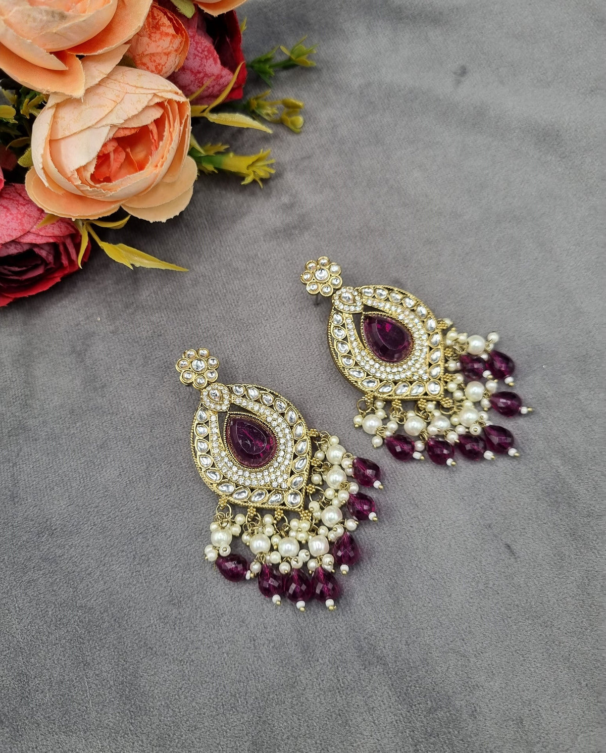 INTRICATE OVAL FRAME DROP EARRINGS WITH PEARL & BEAD CLUSTER
