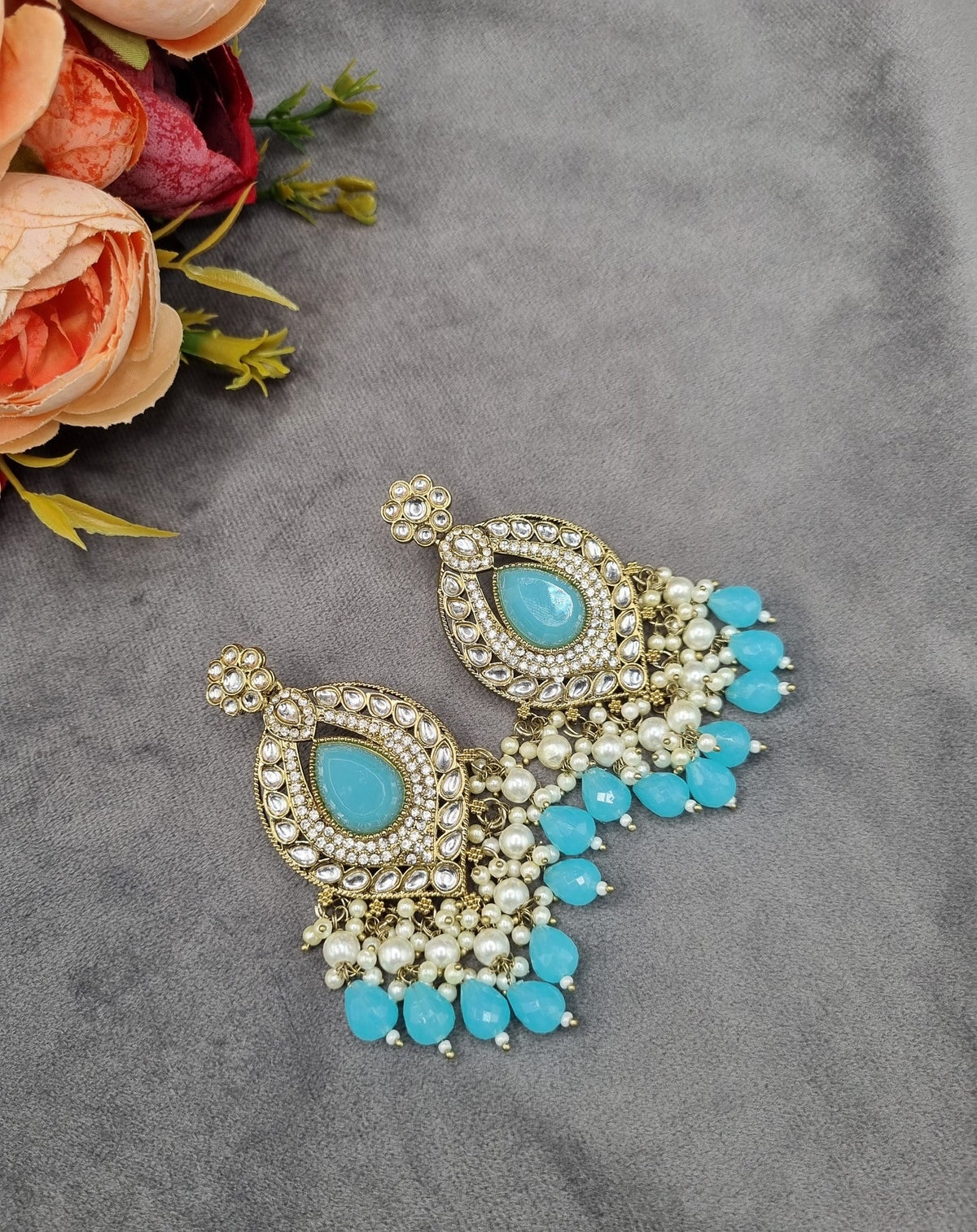 INTRICATE OVAL FRAME DROP EARRINGS WITH PEARL & BEAD CLUSTER