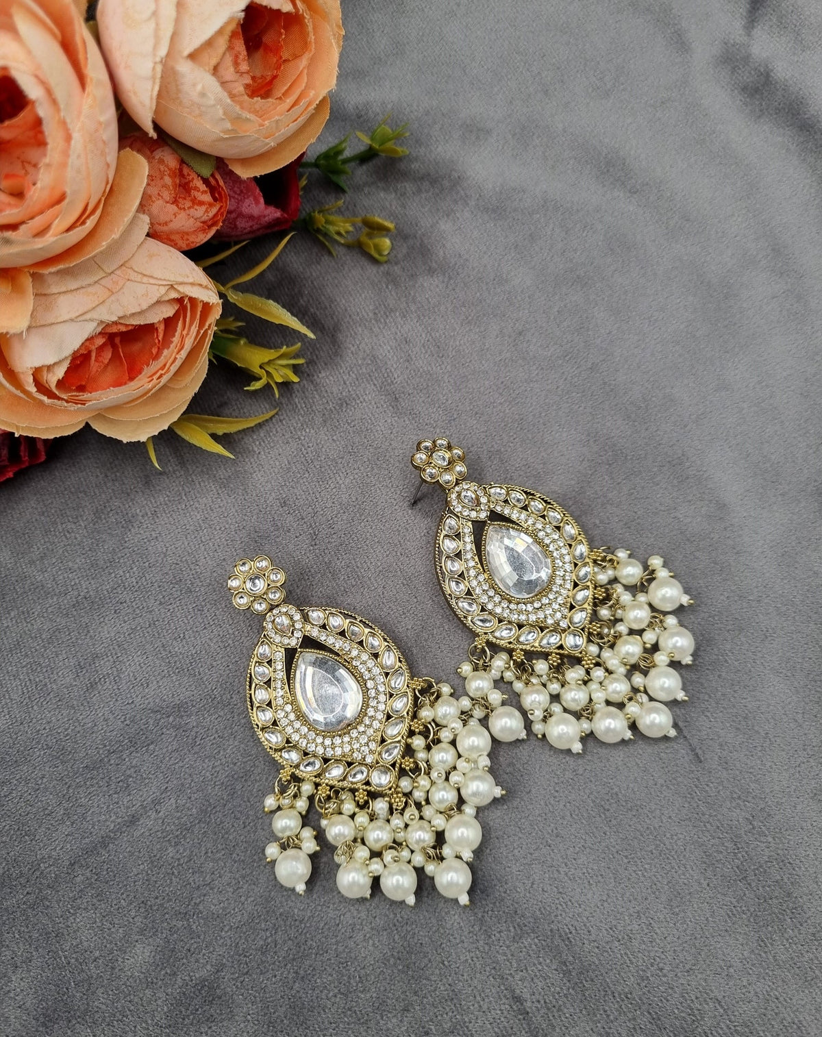 INTRICATE OVAL FRAME DROP EARRINGS WITH PEARL & BEAD CLUSTER