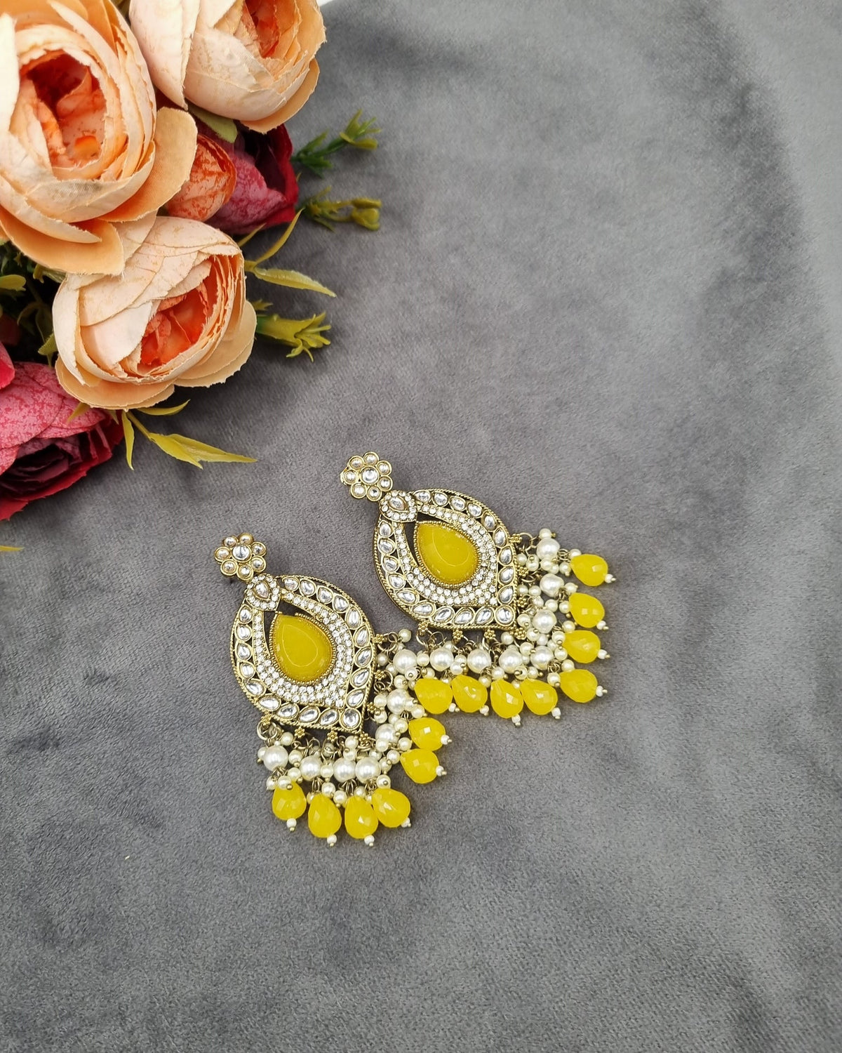INTRICATE OVAL FRAME DROP EARRINGS WITH PEARL & BEAD CLUSTER