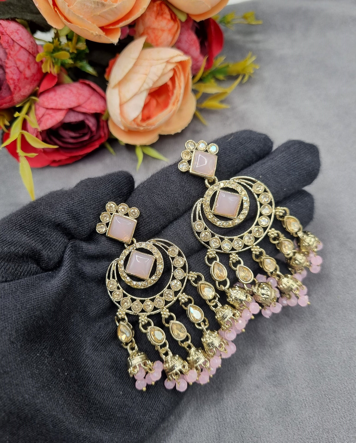GEOMETRIC STONE-STUDDED CHANDBALI STATEMENT EARRINGS