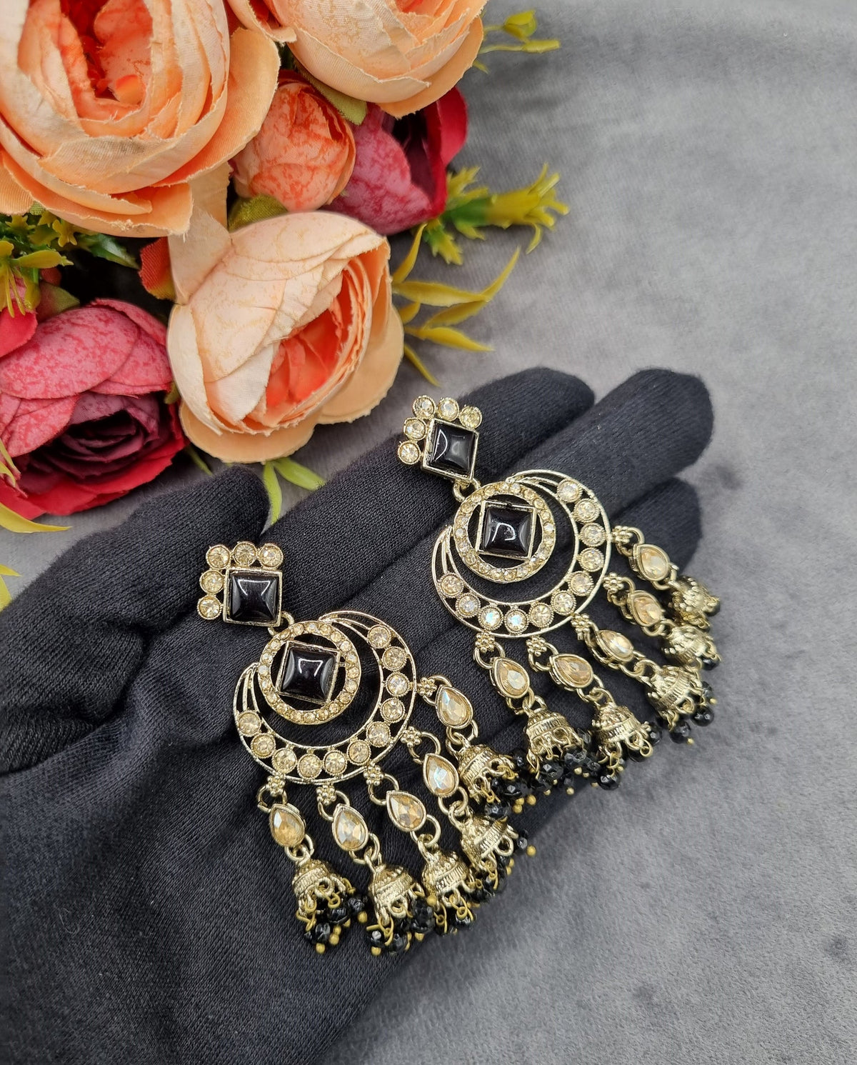 GEOMETRIC STONE-STUDDED CHANDBALI STATEMENT EARRINGS