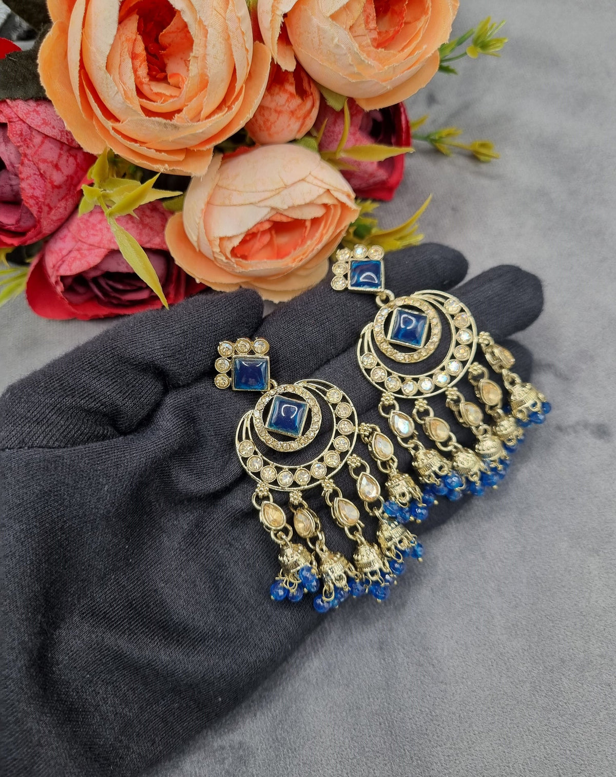 GEOMETRIC STONE-STUDDED CHANDBALI STATEMENT EARRINGS