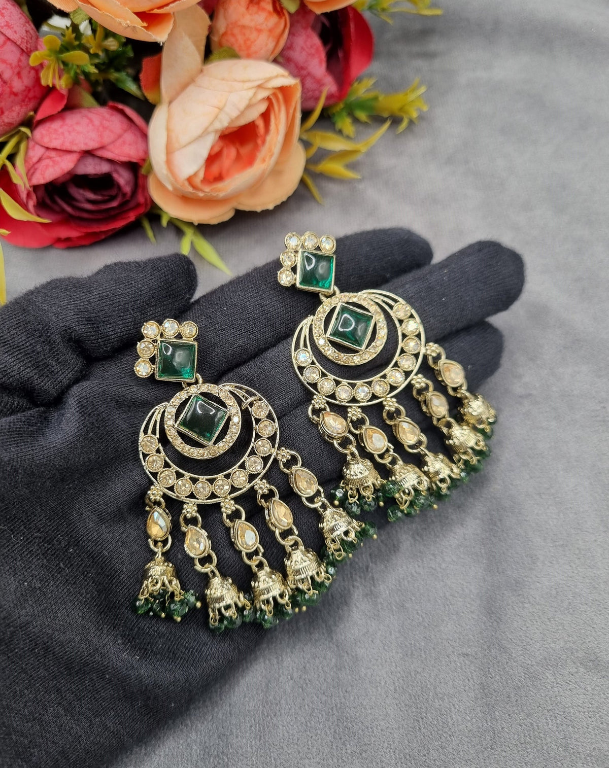 GEOMETRIC STONE-STUDDED CHANDBALI STATEMENT EARRINGS