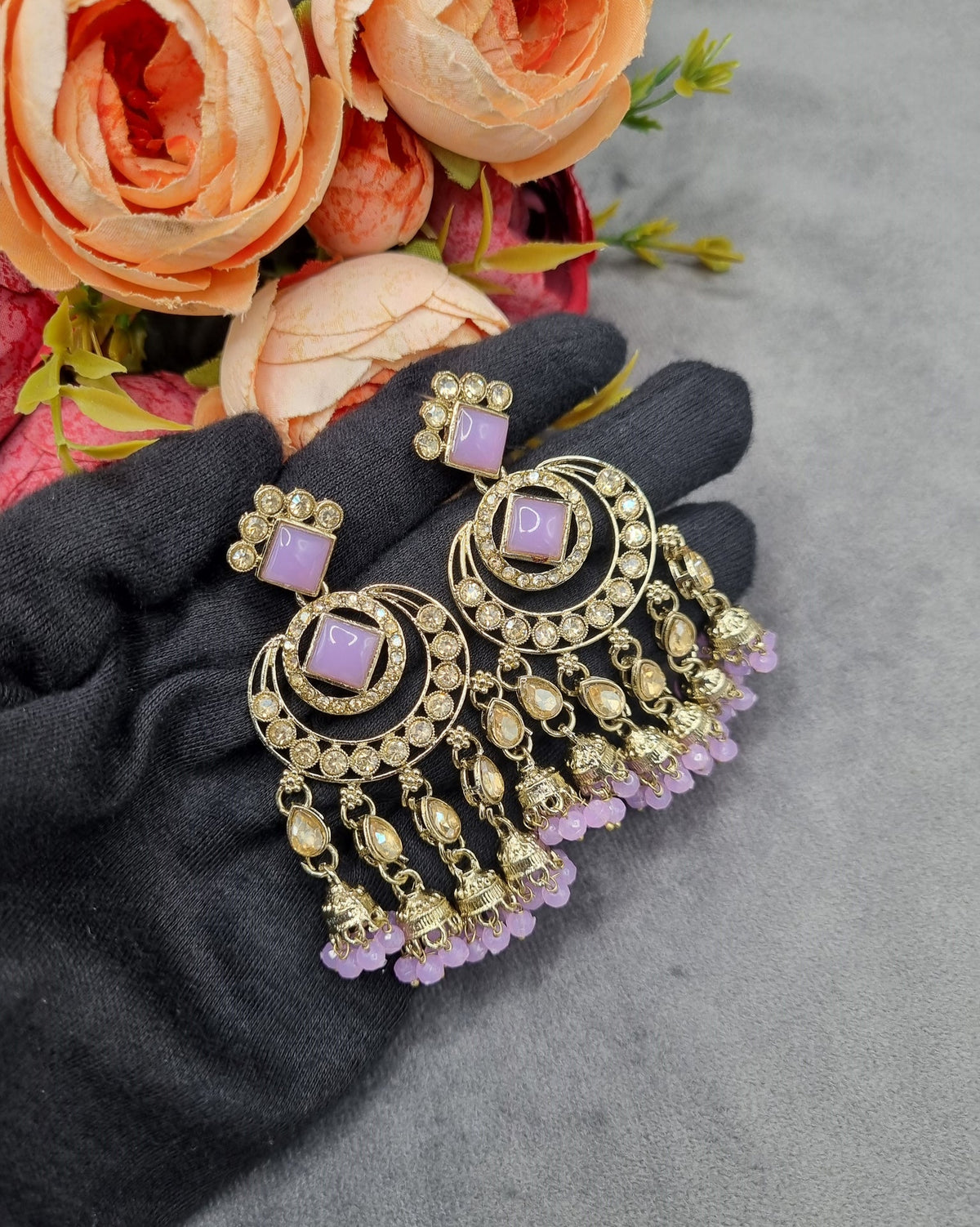 GEOMETRIC STONE-STUDDED CHANDBALI STATEMENT EARRINGS