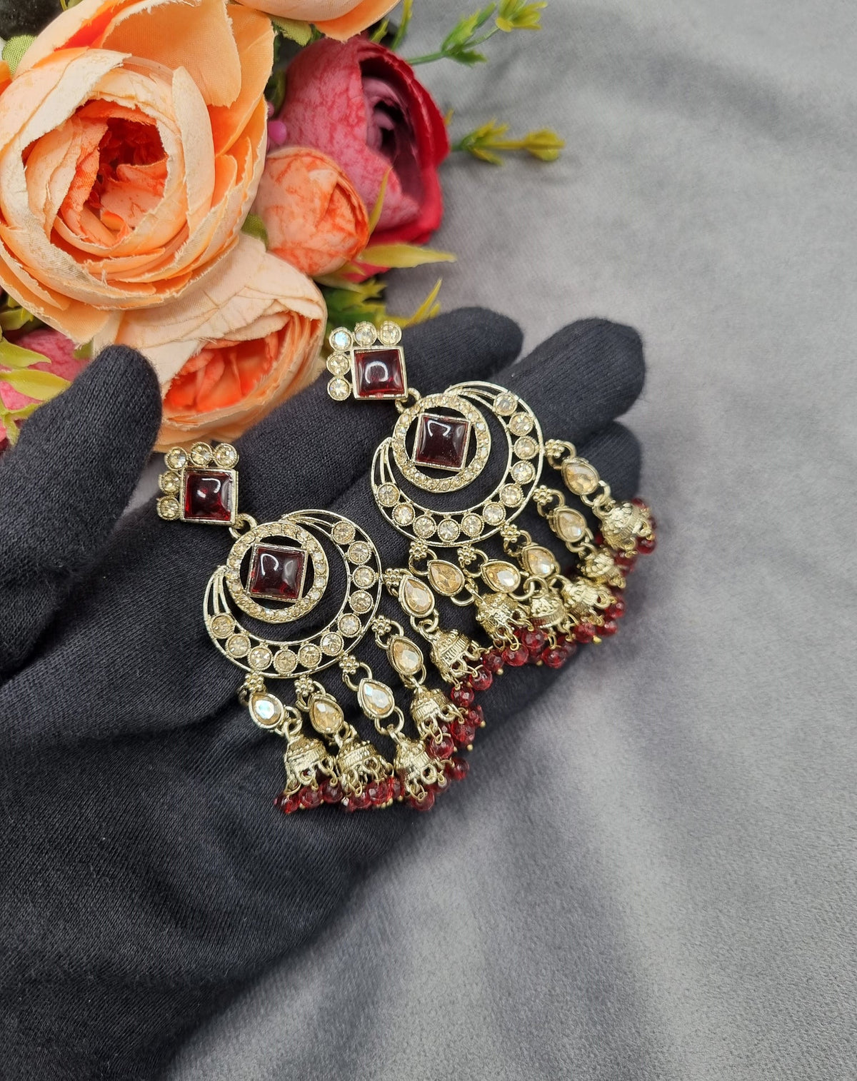 GEOMETRIC STONE-STUDDED CHANDBALI STATEMENT EARRINGS