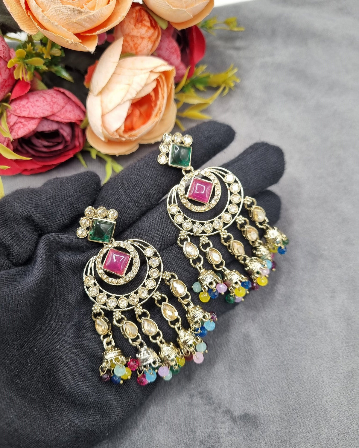GEOMETRIC STONE-STUDDED CHANDBALI STATEMENT EARRINGS