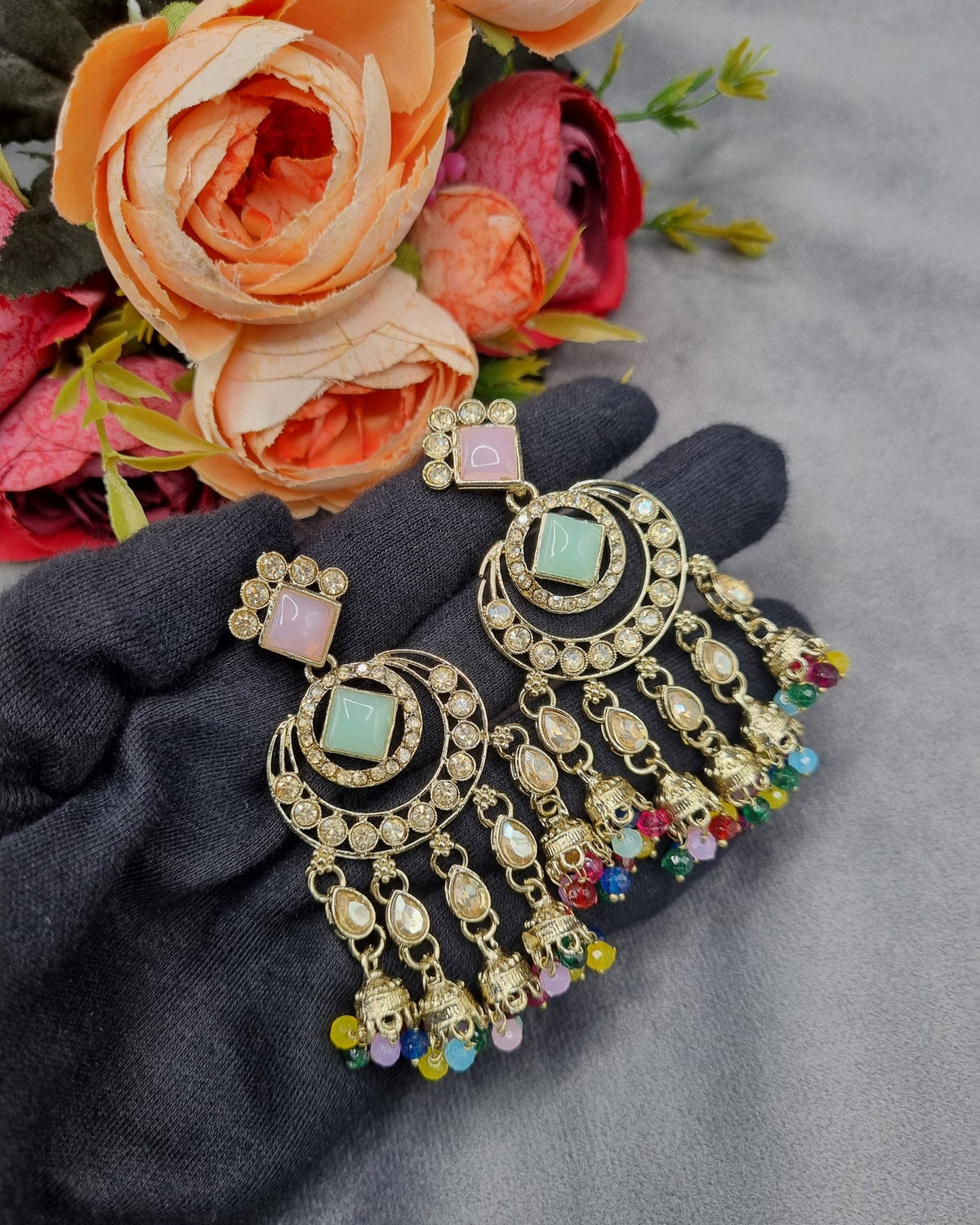 GEOMETRIC STONE-STUDDED CHANDBALI STATEMENT EARRINGS