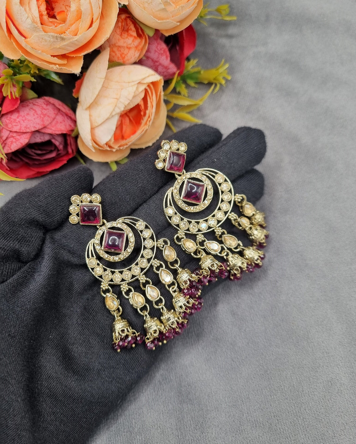 GEOMETRIC STONE-STUDDED CHANDBALI STATEMENT EARRINGS