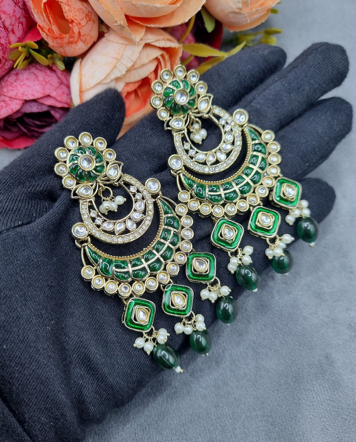 Royal Chandbali Statement Earrings with Meenakari & Pearl Drops