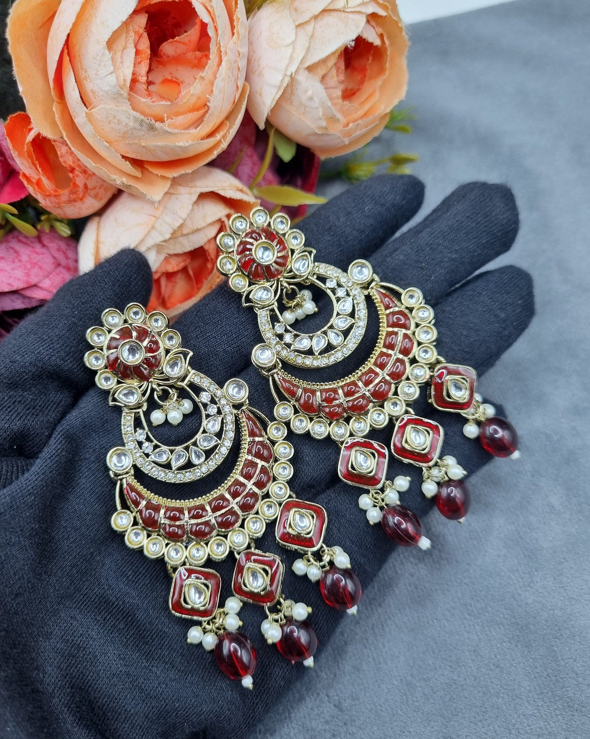 Royal Chandbali Statement Earrings with Meenakari & Pearl Drops