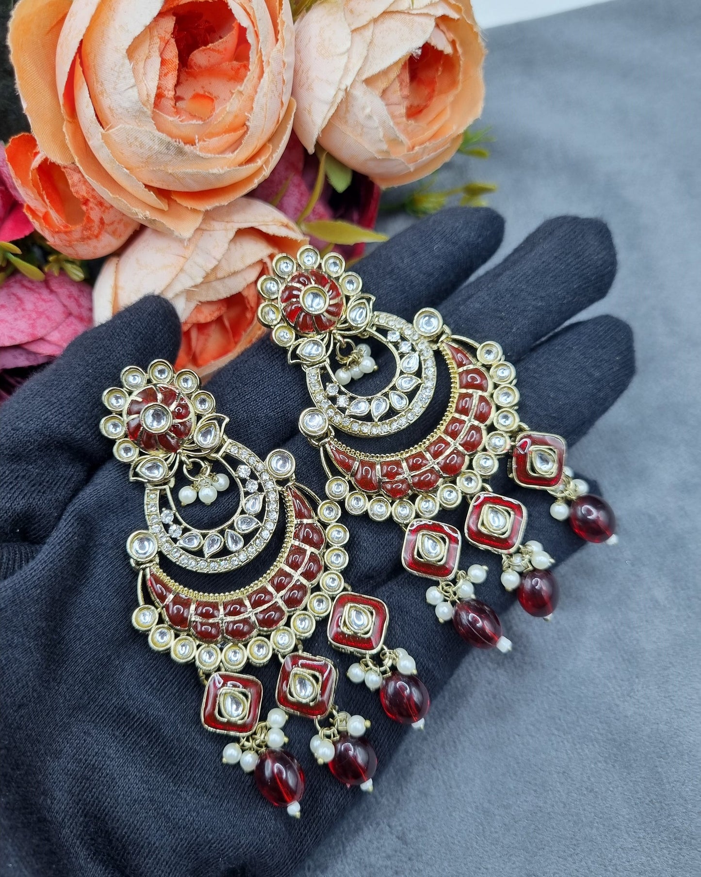 Royal Chandbali Statement Earrings with Meenakari & Pearl Drops