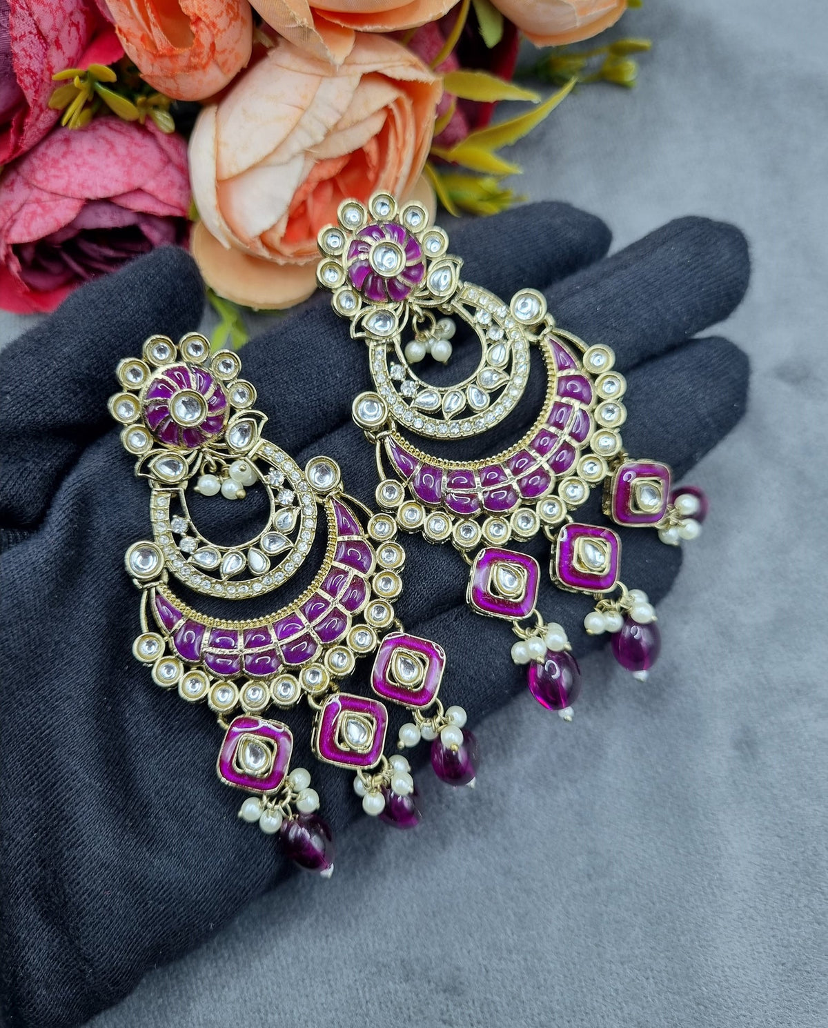 Royal Chandbali Statement Earrings with Meenakari & Pearl Drops