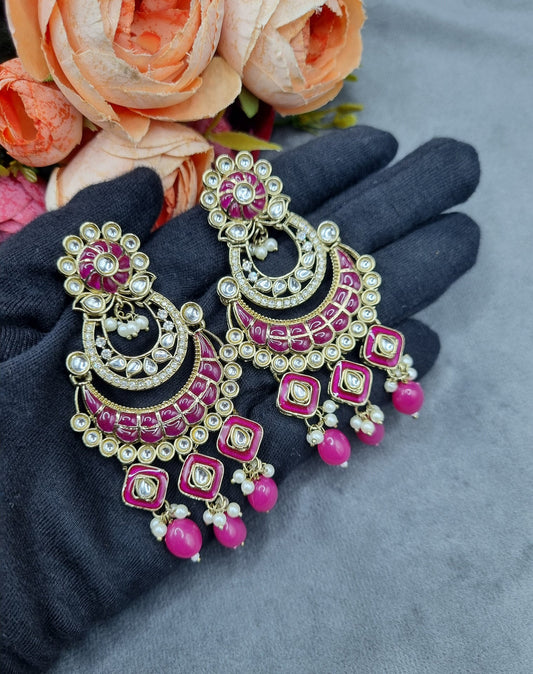 Royal Chandbali Statement Earrings with Meenakari & Pearl Drops