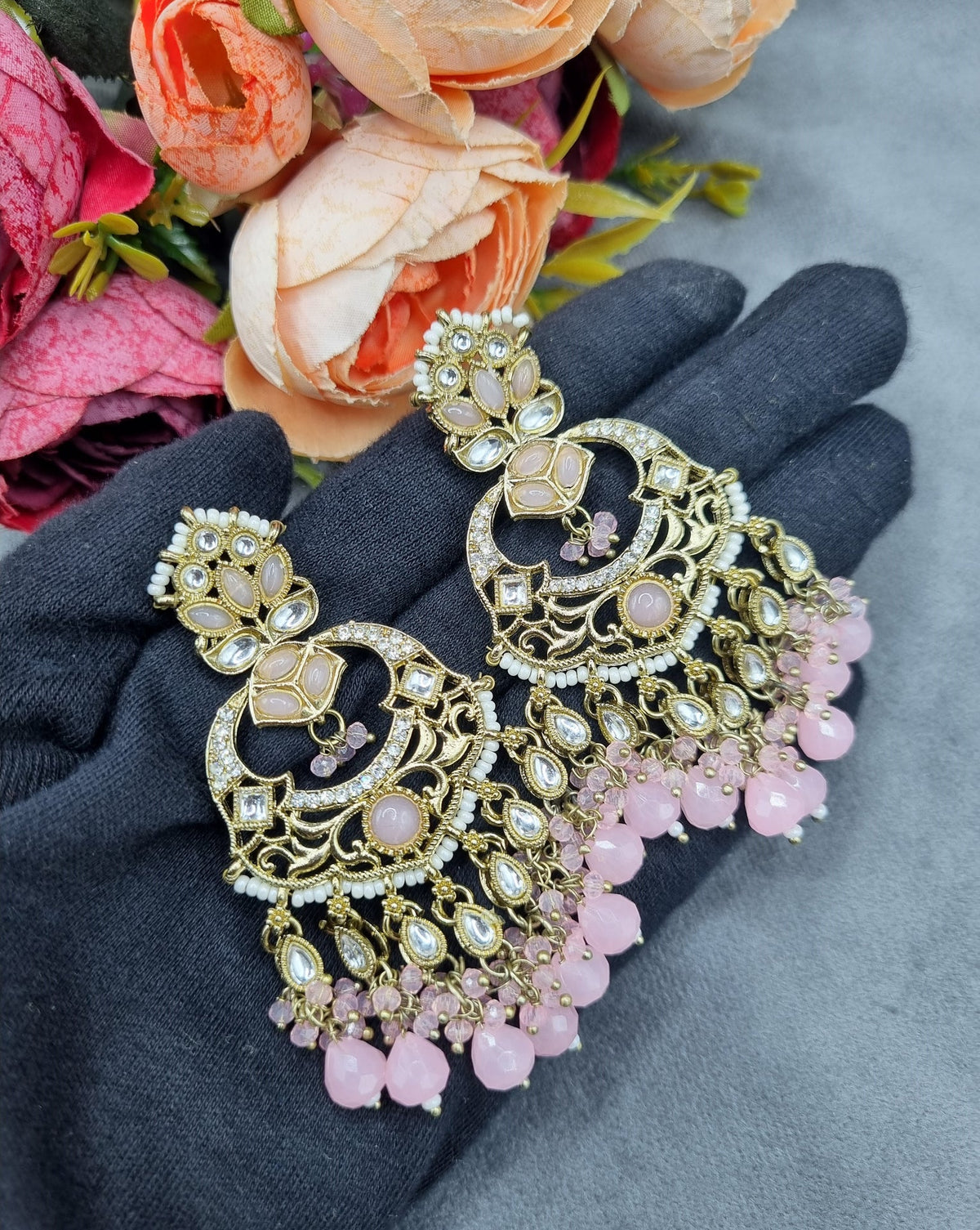 Grand Chandbali Statement Earrings with Bead Droplets