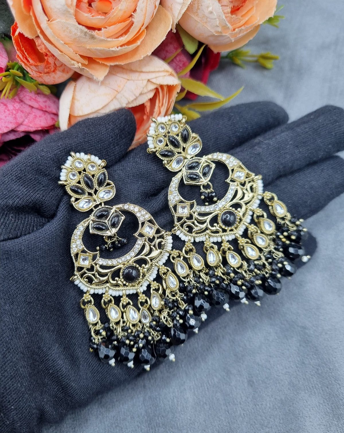 Grand Chandbali Statement Earrings with Bead Droplets