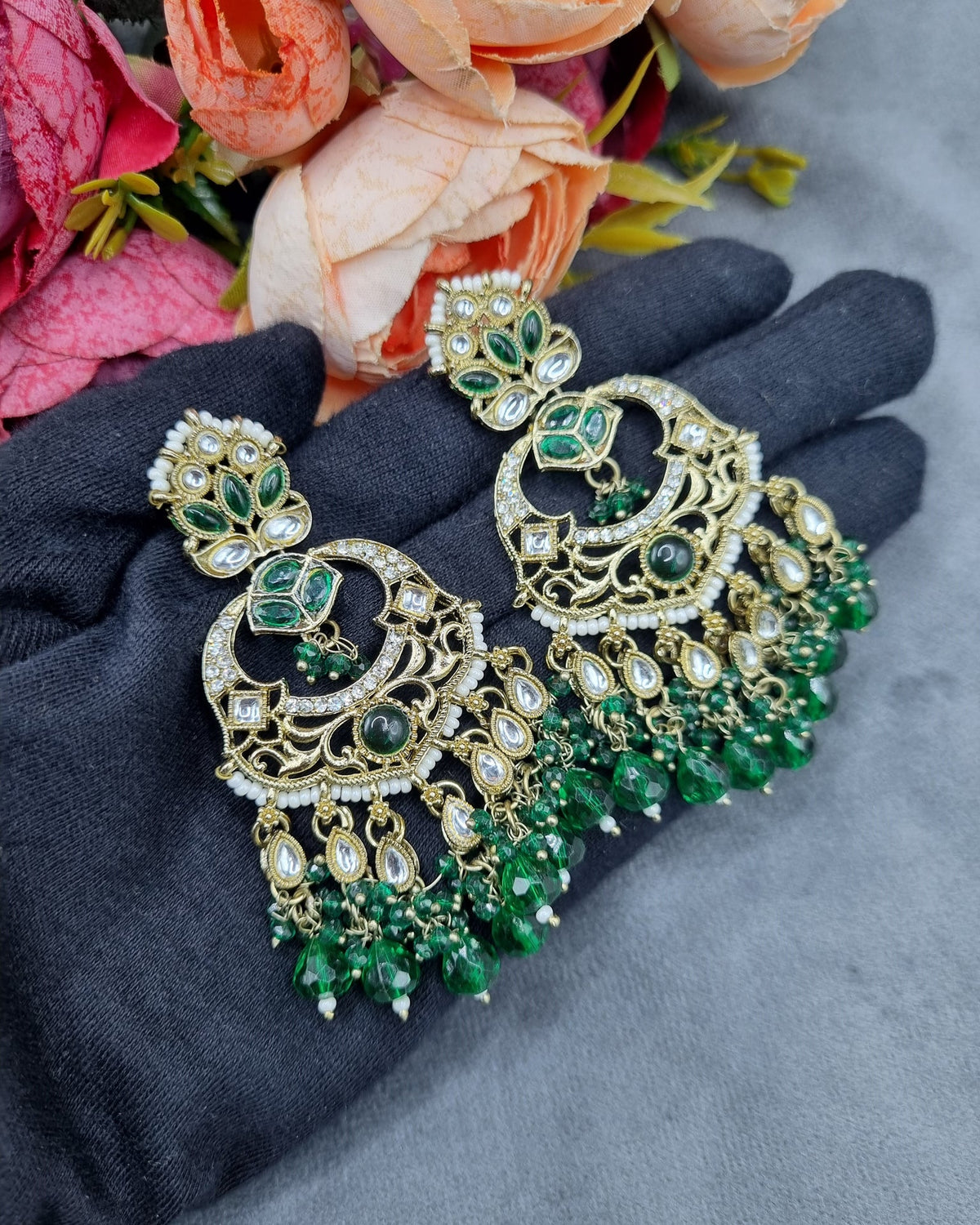 Grand Chandbali Statement Earrings with Bead Droplets