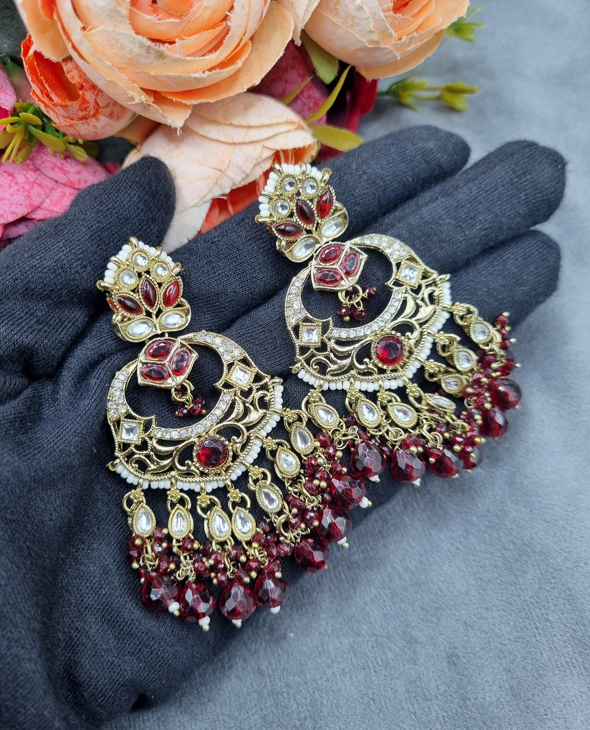 Grand Chandbali Statement Earrings with Bead Droplets