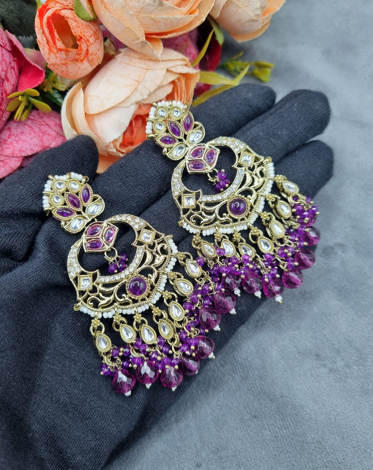 Grand Chandbali Statement Earrings with Bead Droplets