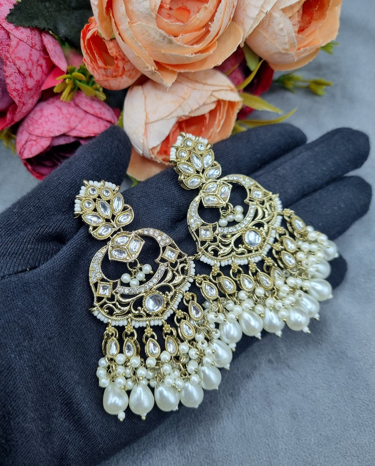 Grand Chandbali Statement Earrings with Bead Droplets