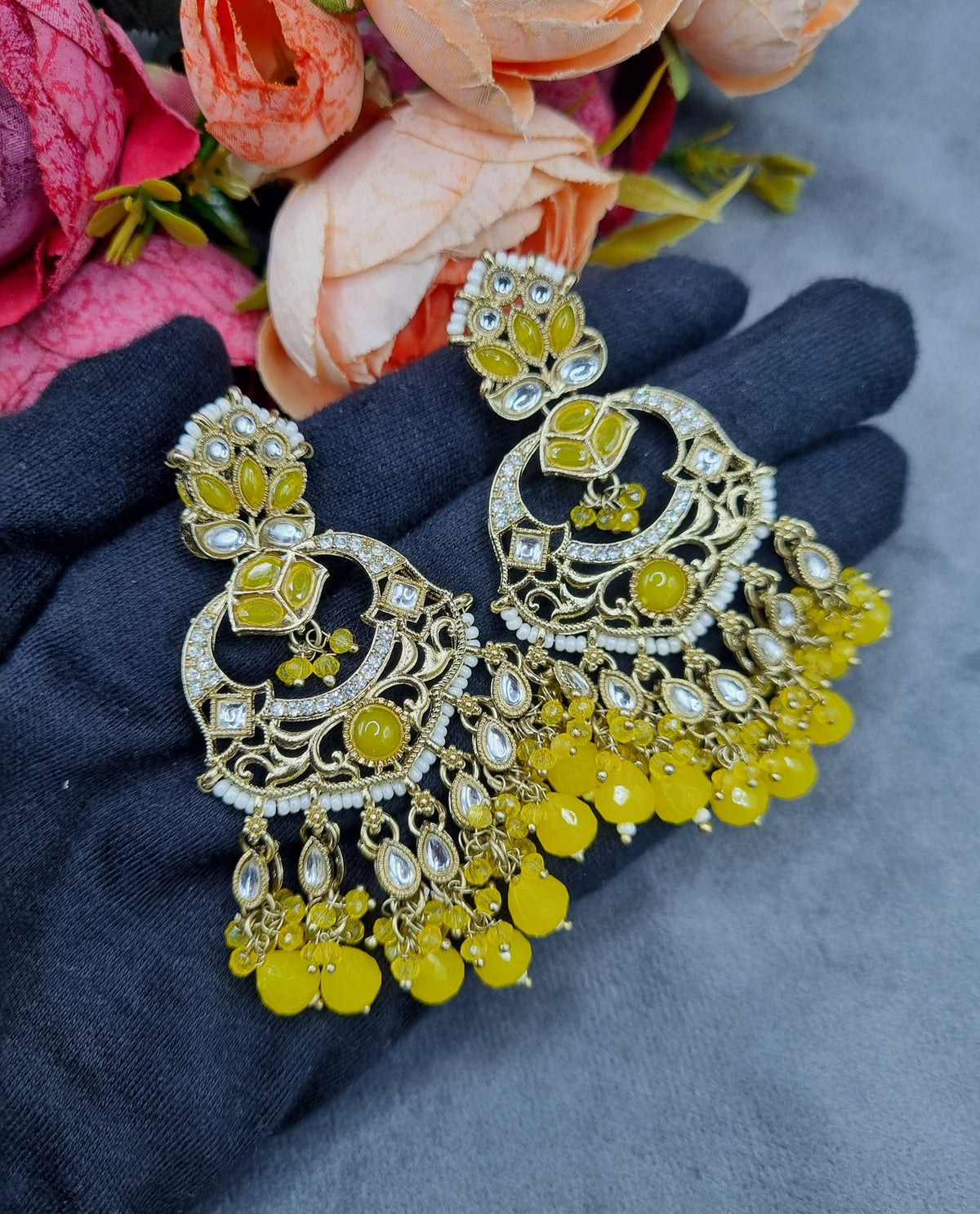Grand Chandbali Statement Earrings with Bead Droplets