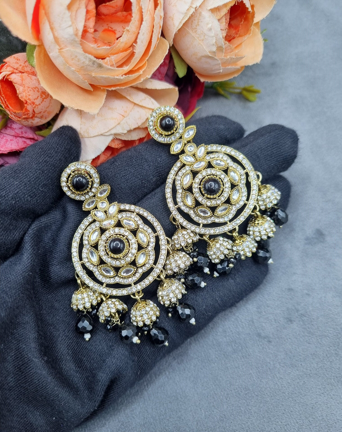 Intricate Floral Motif Chandbali Earrings with Mini Jhumka Drops