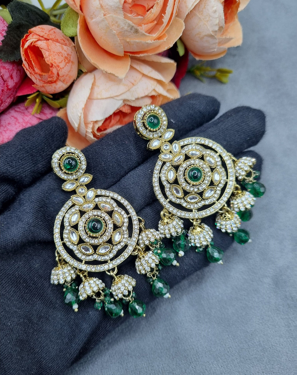 Intricate Floral Motif Chandbali Earrings with Mini Jhumka Drops