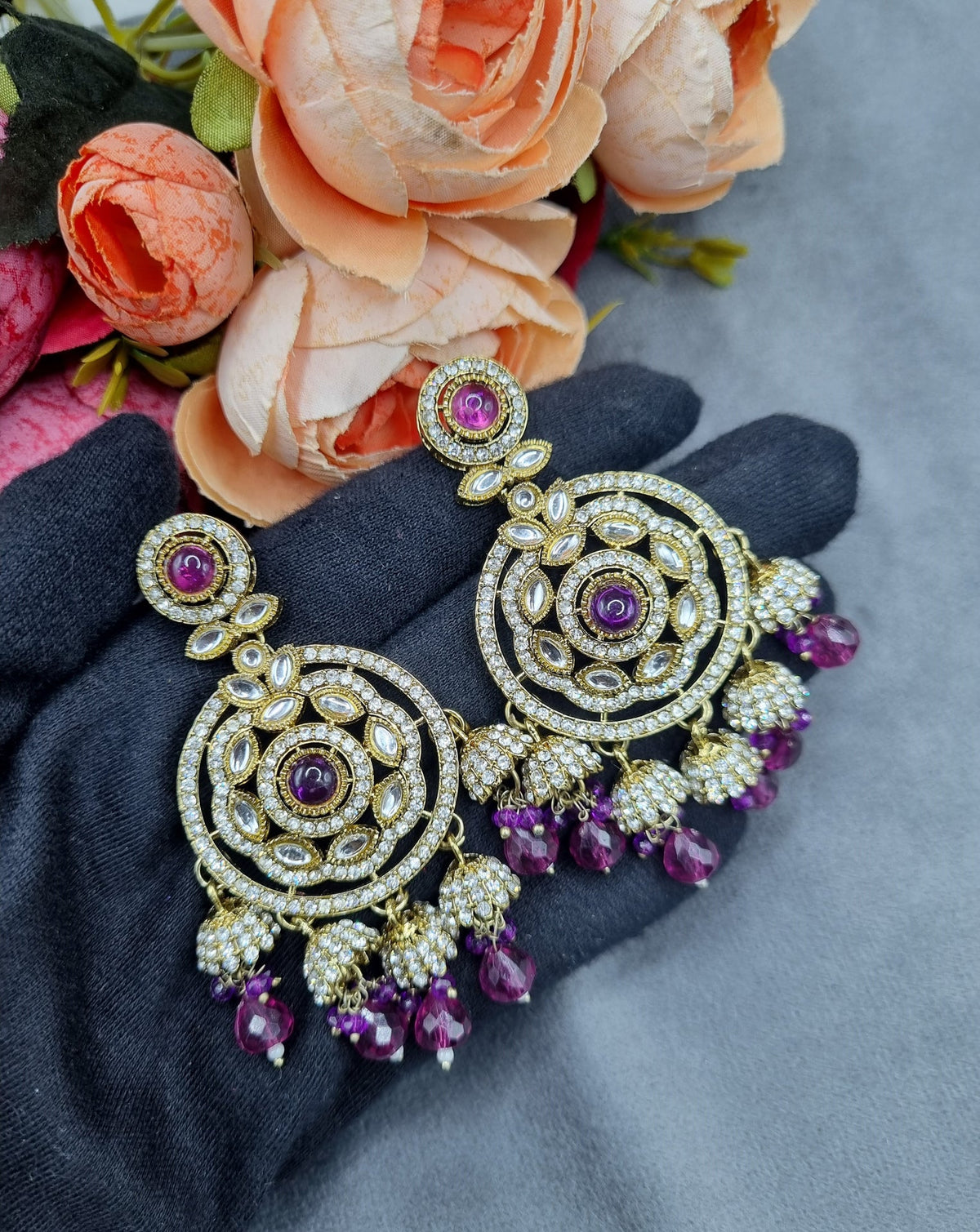 Intricate Floral Motif Chandbali Earrings with Mini Jhumka Drops