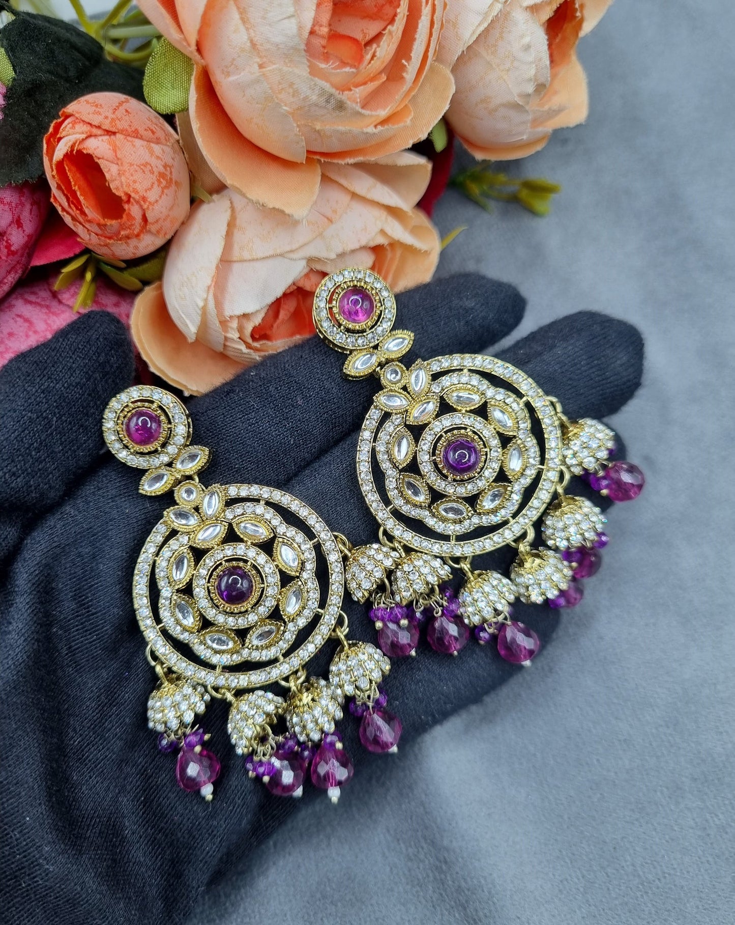 Intricate Floral Motif Chandbali Earrings with Mini Jhumka Drops