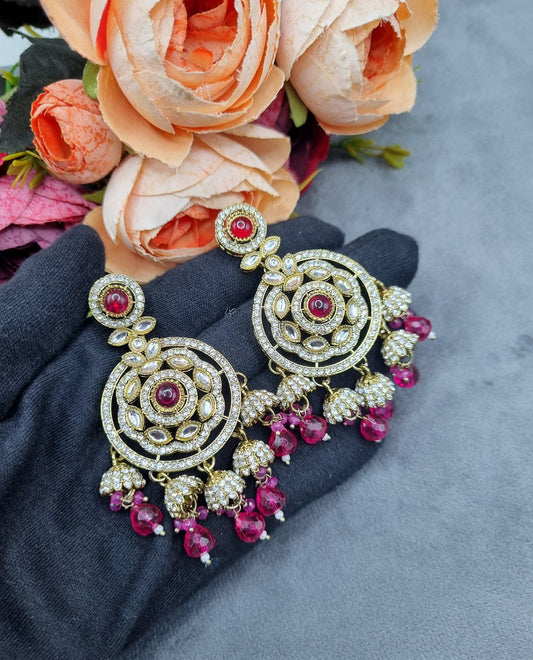 Intricate Floral Motif Chandbali Earrings with Mini Jhumka Drops