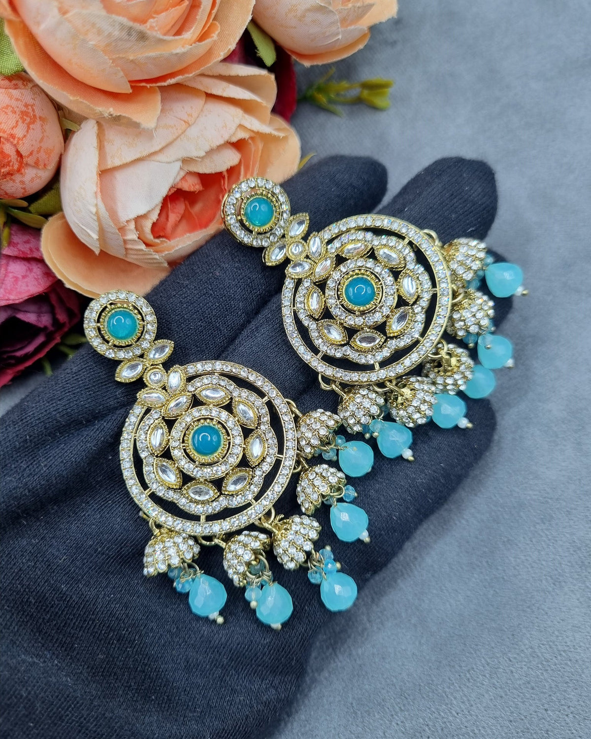 Intricate Floral Motif Chandbali Earrings with Mini Jhumka Drops