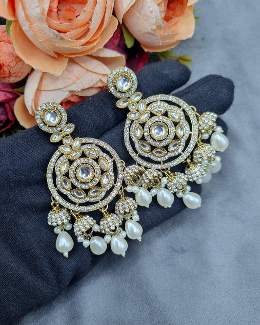 Intricate Floral Motif Chandbali Earrings with Mini Jhumka Drops