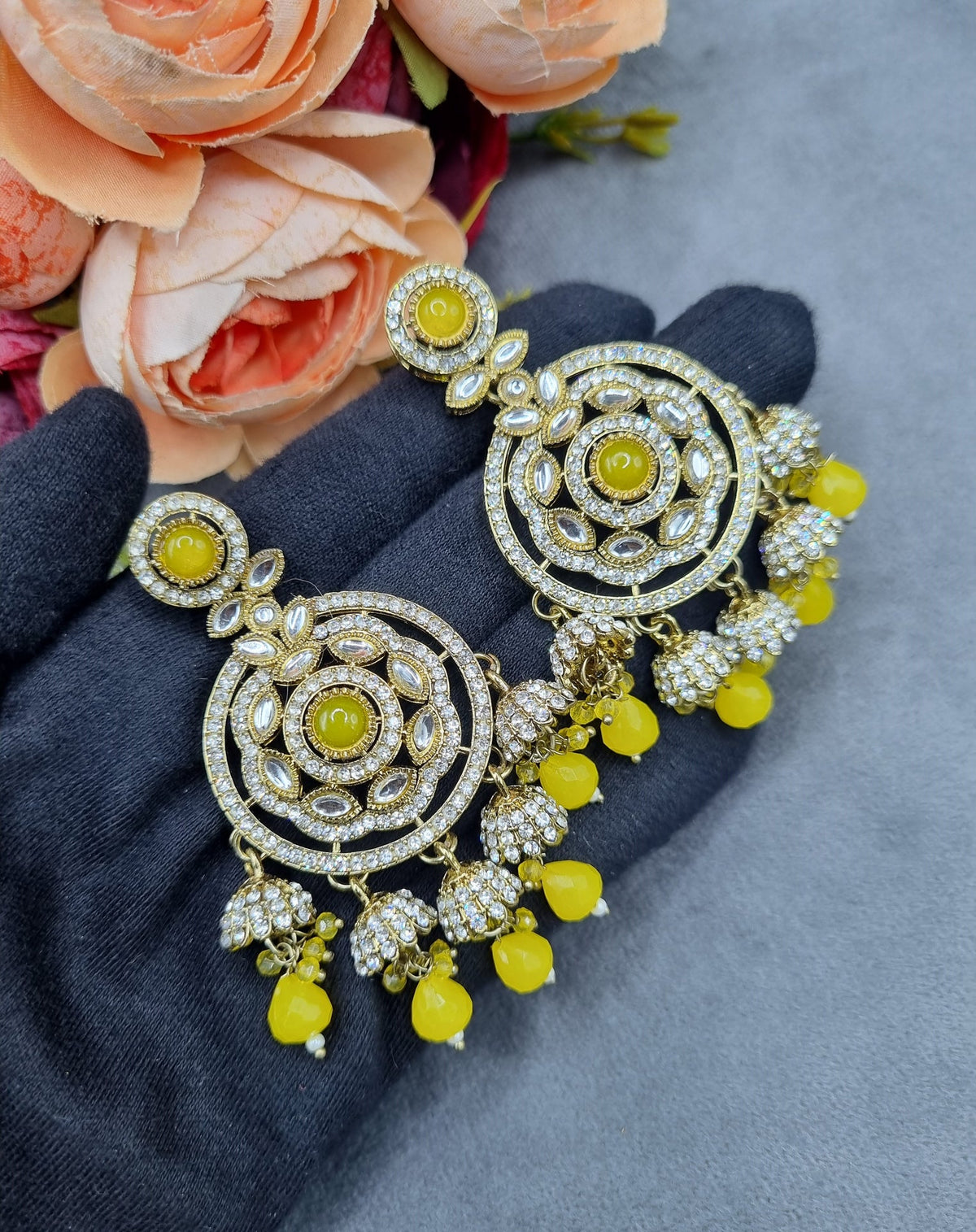 Intricate Floral Motif Chandbali Earrings with Mini Jhumka Drops