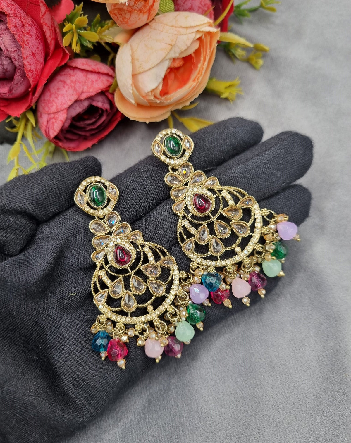 Intricate Chandbali Statement Earrings with Pearl Cluster Drops