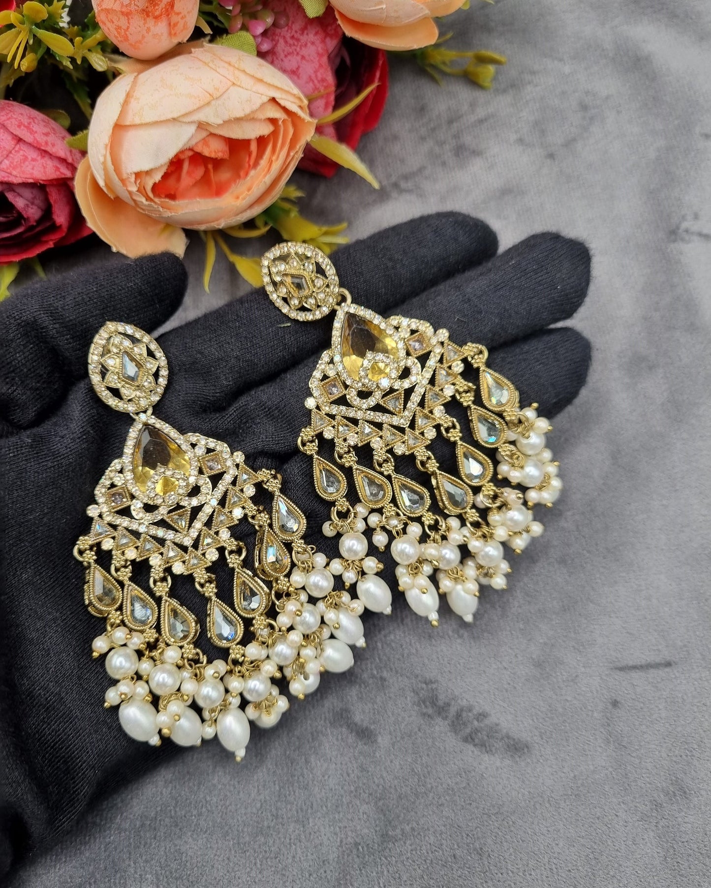 Pearl Cluster Chandelier Statement Earrings