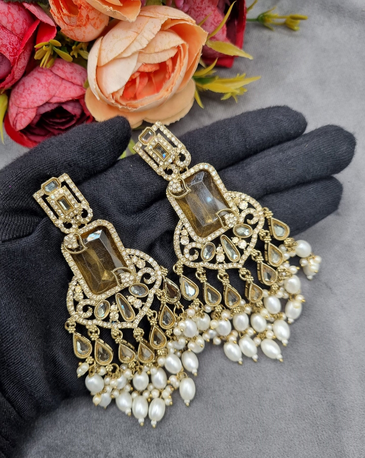 Pearl Fringe Statement Chandelier Earrings