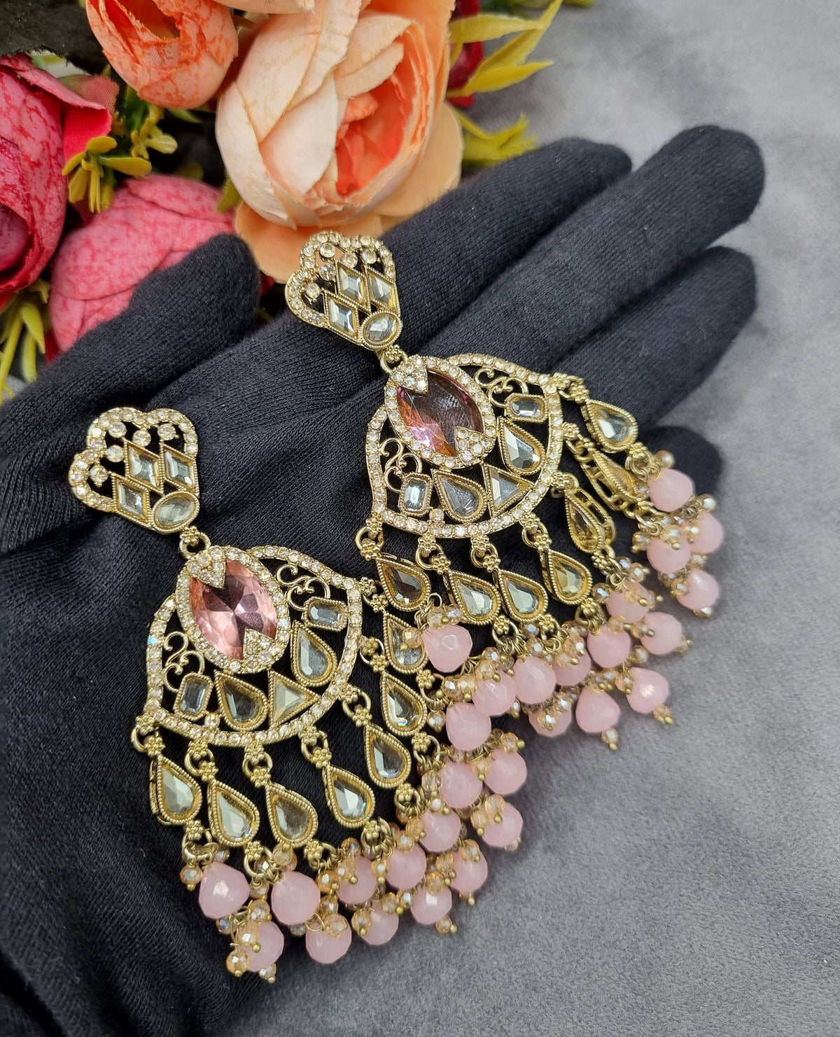 Antique Gold Statement Chandbali Earrings with Crystal Beads