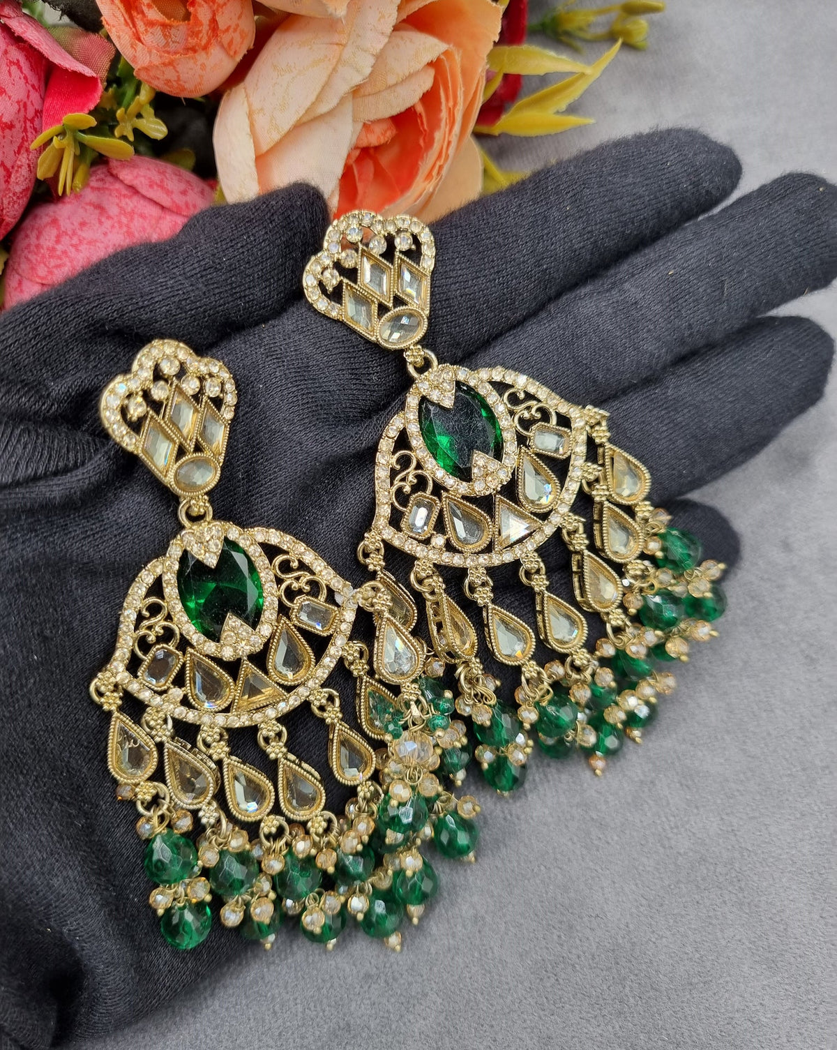 Antique Gold Statement Chandbali Earrings with Crystal Beads