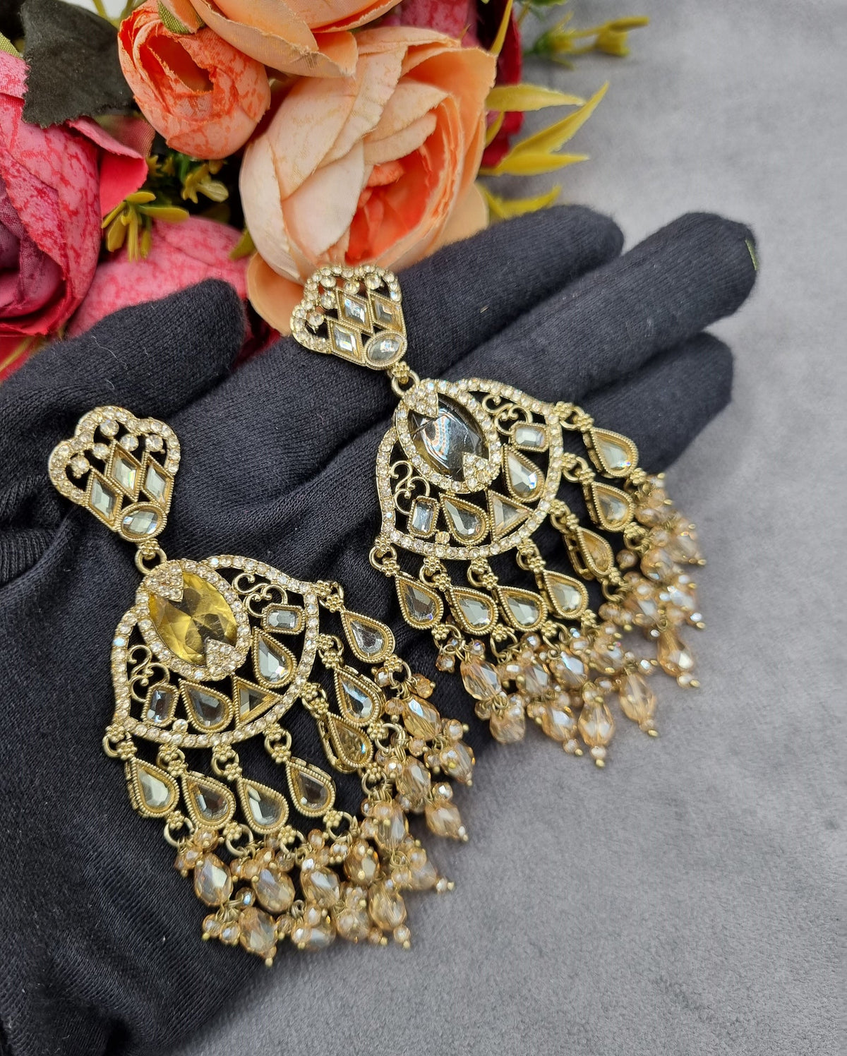 Antique Gold Statement Chandbali Earrings with Crystal Beads
