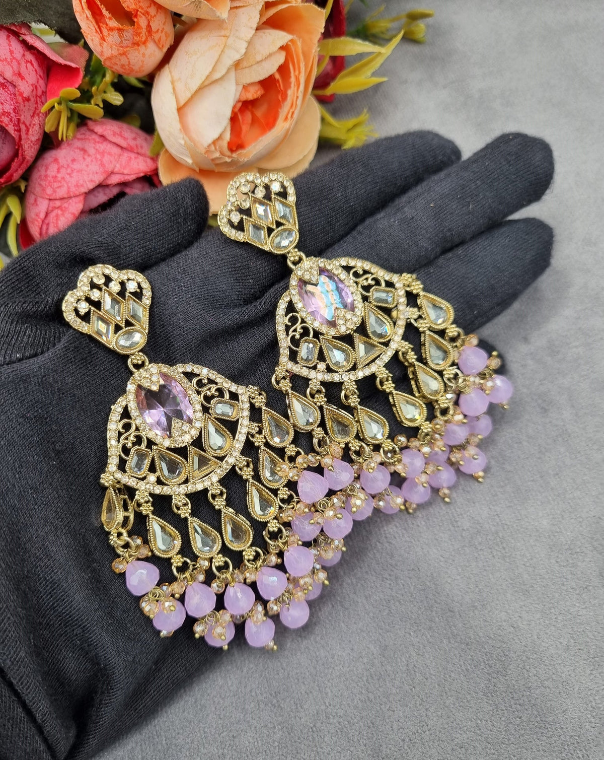Antique Gold Statement Chandbali Earrings with Crystal Beads