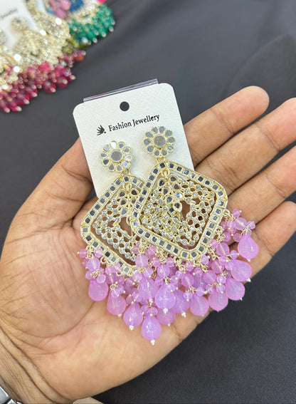 Square Emerald Green Crystal  Kundan Drop Earrings Gold Plated Jali Work Dangles
