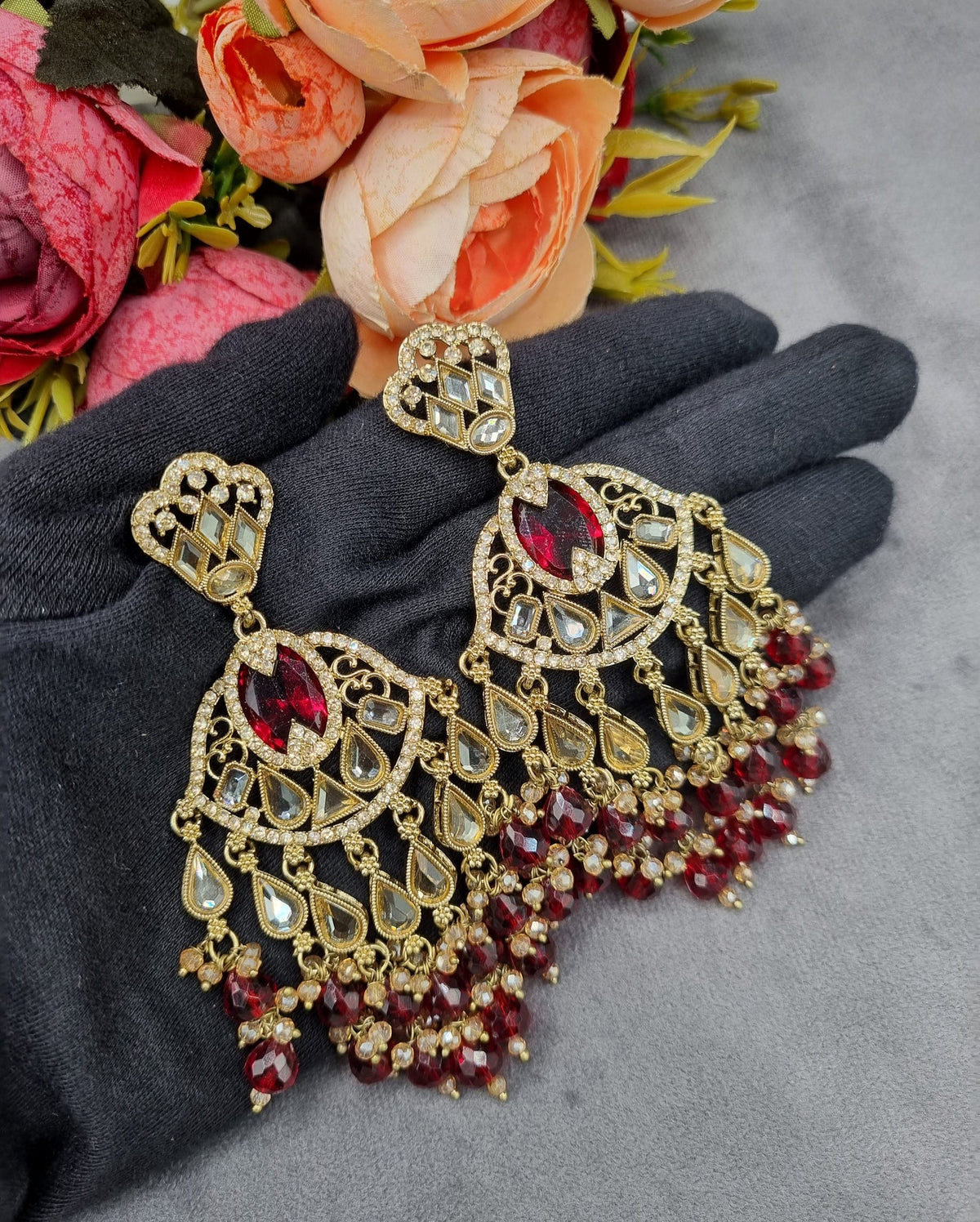 Antique Gold Statement Chandbali Earrings with Crystal Beads