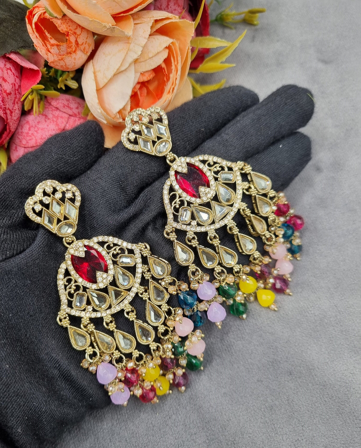Antique Gold Statement Chandbali Earrings with Crystal Beads
