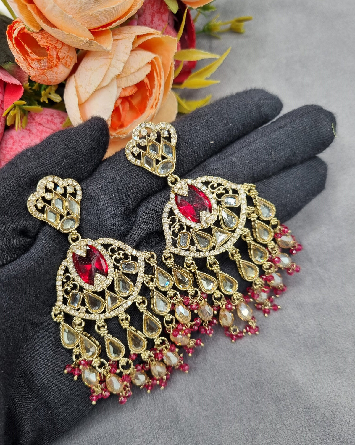 Antique Gold Statement Chandbali Earrings with Crystal Beads