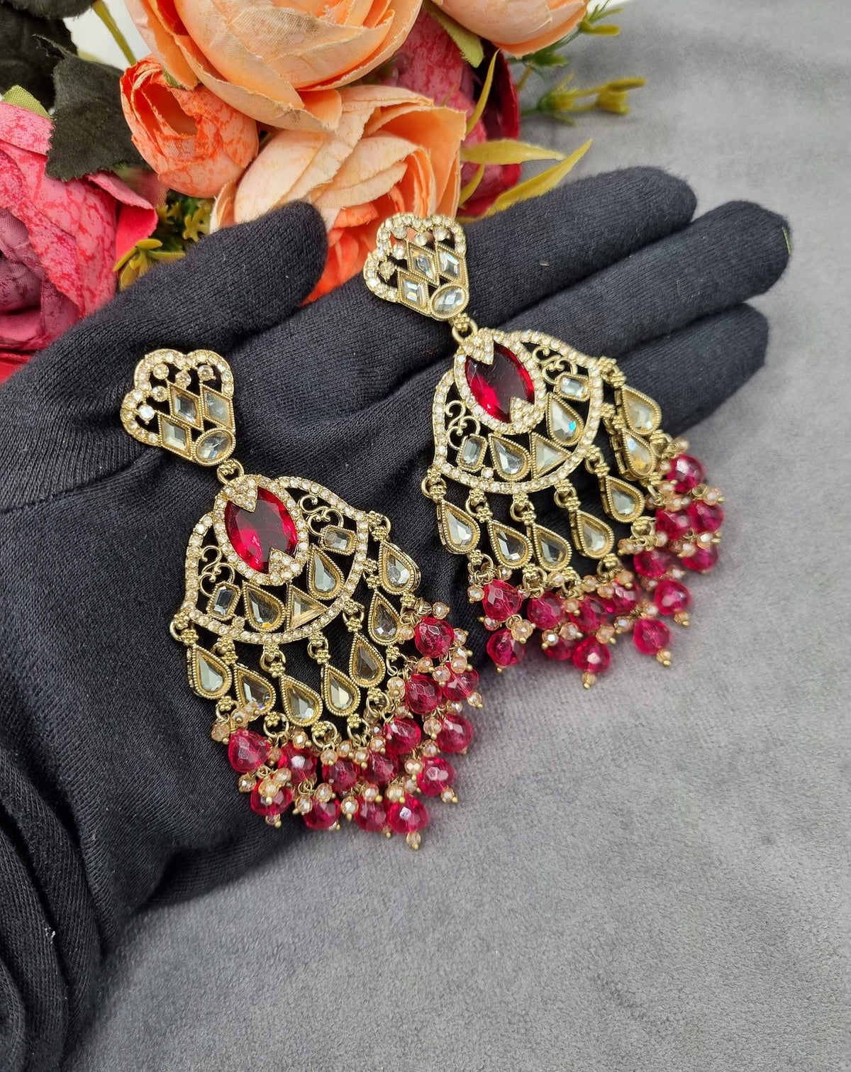 Antique Gold Statement Chandbali Earrings with Crystal Beads