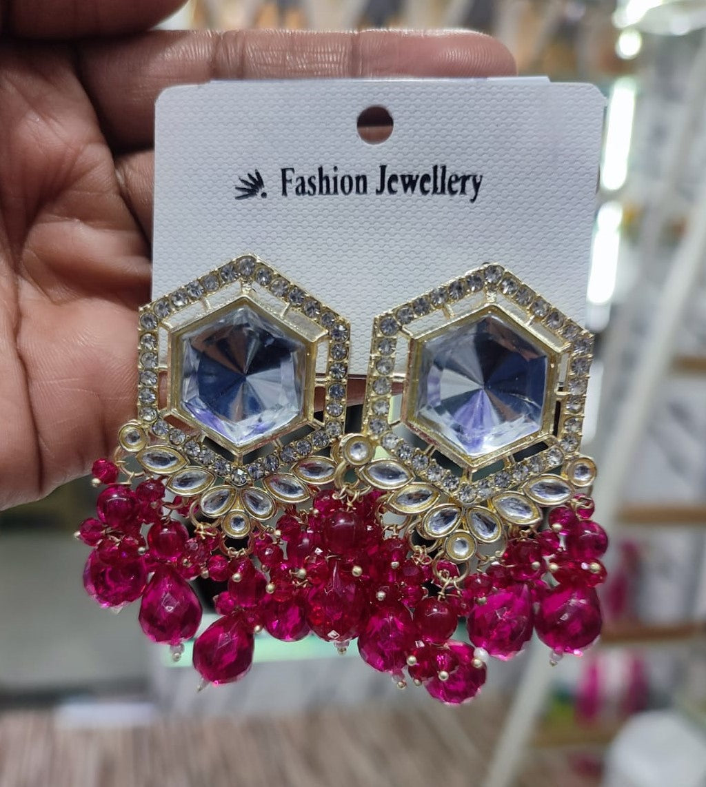 Traditional Hexagon Kundan Earrings Gold Plated Earrings for Woman Dangles