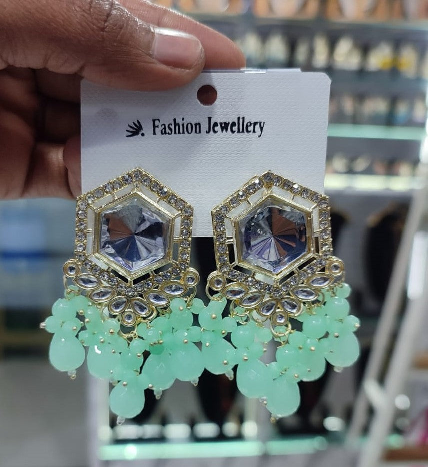Traditional Hexagon Kundan Earrings Gold Plated Earrings for Woman Dangles
